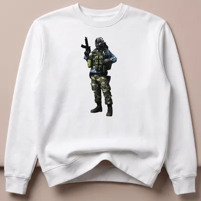 Realistic print of a tactical soldier in camouflage colors — printed on a unisex sweatshirt