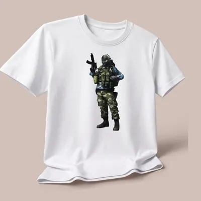 Realistic print of a tactical soldier in camouflage colors — printed on a unisex t-shirt (angled view)