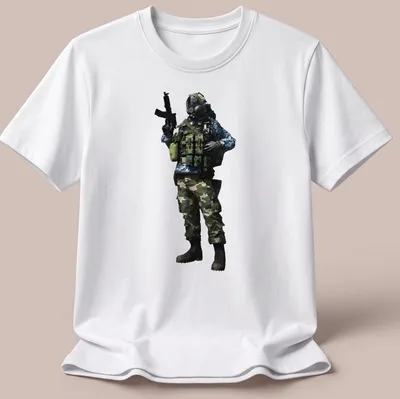 Realistic print of a tactical soldier in camouflage colors