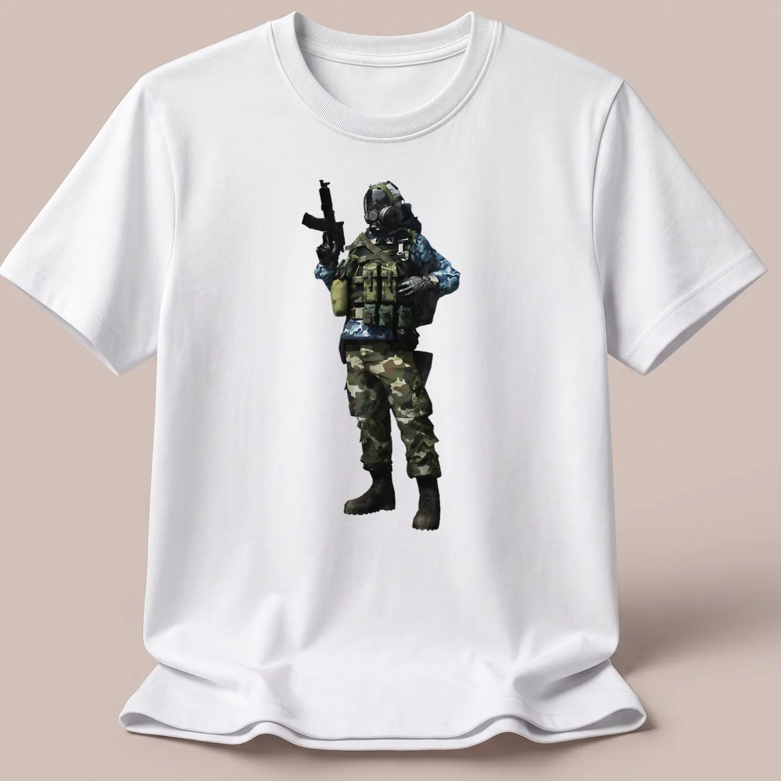 Realistic print of a tactical soldier in camouflage colors — printed on a unisex t-shirt