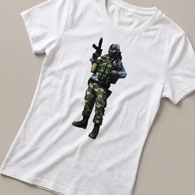 Realistic print of a tactical soldier in camouflage colors — printed on a women's shirt