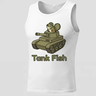 Cartoon design of a fish in a tank with bold Tank Fish lettering — printed on a tank top