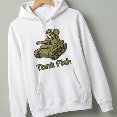 Cartoon design of a fish in a tank with bold Tank Fish lettering — printed on a unisex hoodie