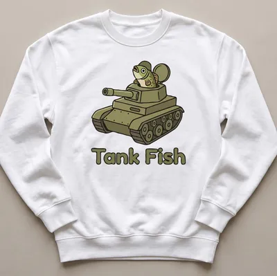 Cartoon design of a fish in a tank with bold Tank Fish lettering — printed on a unisex sweatshirt