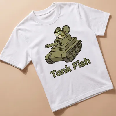 Cartoon design of a fish in a tank with bold Tank Fish lettering