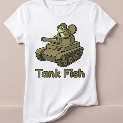 Cartoon design of a fish in a tank with bold Tank Fish lettering — printed on a women's shirt