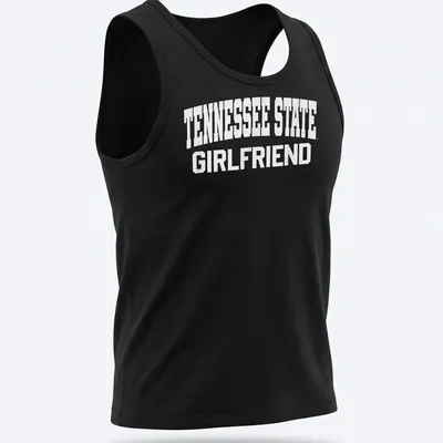 Bold collegiate print of Tennessee State Girlfriend text in white — printed on a tank top
