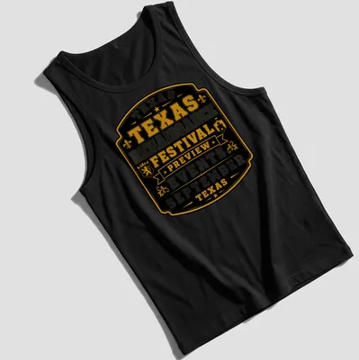 Vintage badge style Texas Renaissance Festival t-shirt with gold and white text on black — printed on a tank top