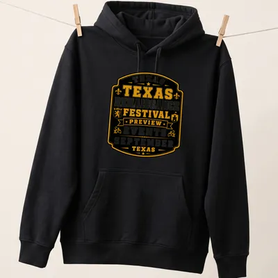 Vintage badge style Texas Renaissance Festival t-shirt with gold and white text on black — printed on a unisex hoodie