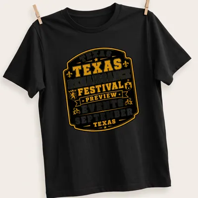 Vintage badge style Texas Renaissance Festival t-shirt with gold and white text on black