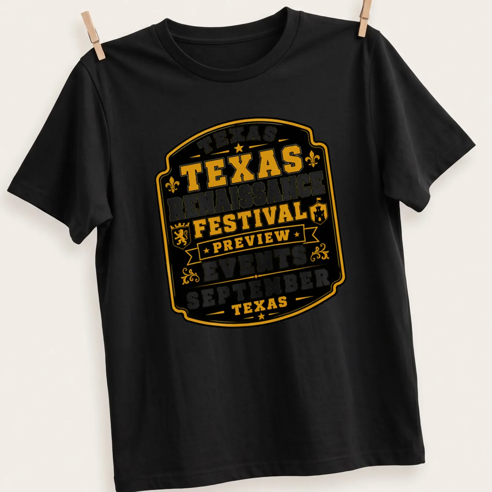 Vintage badge style Texas Renaissance Festival t-shirt with gold and white text on black — printed on a unisex t-shirt