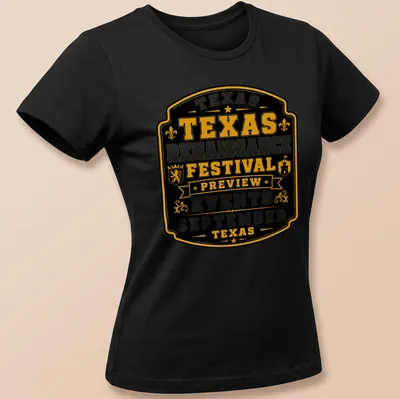 Vintage badge style Texas Renaissance Festival t-shirt with gold and white text on black — printed on a women's shirt