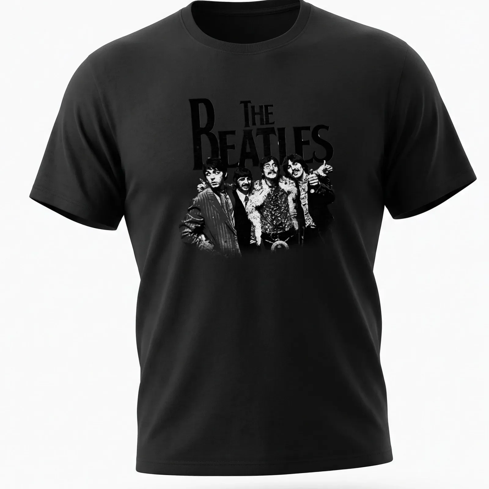 Vintage distressed t-shirt featuring bold text of 'THE BEATLES' in black and white — printed on a unisex t-shirt