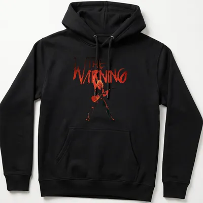 Bold graphic tee featuring The Warning rock band name in red and black — printed on a unisex hoodie