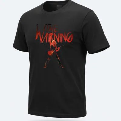 Bold graphic tee featuring The Warning rock band name in red and black