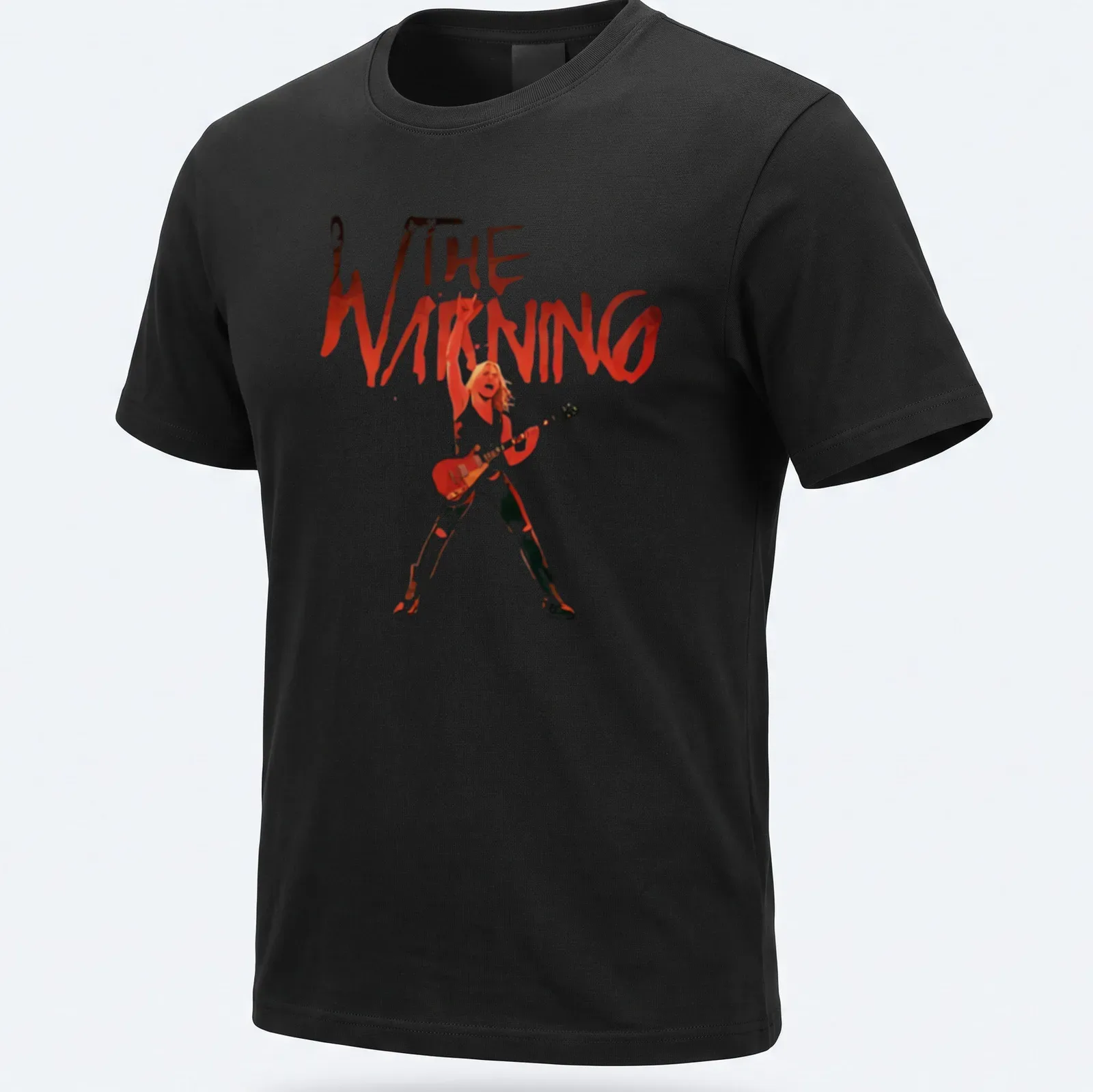 Bold graphic tee featuring The Warning rock band name in red and black — printed on a unisex t-shirt
