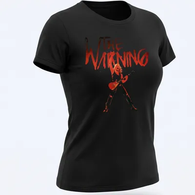 Bold graphic tee featuring The Warning rock band name in red and black — printed on a women's shirt