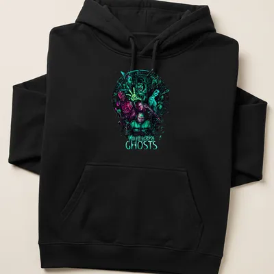 Vibrant graphic t-shirt featuring Thir13en Ghosts horror movie characters in a bold design. — printed on a unisex hoodie