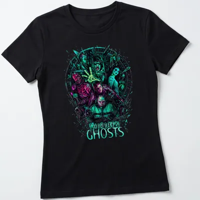Vibrant graphic t-shirt featuring Thir13en Ghosts horror movie characters in a bold design. — printed on a women's shirt