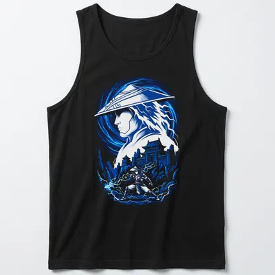 Dynamic illustration of Raiden, the Thunder God, surrounded by lightning in blue and white hues. — printed on a tank top