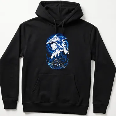 Dynamic illustration of Raiden, the Thunder God, surrounded by lightning in blue and white hues. — printed on a unisex hoodie