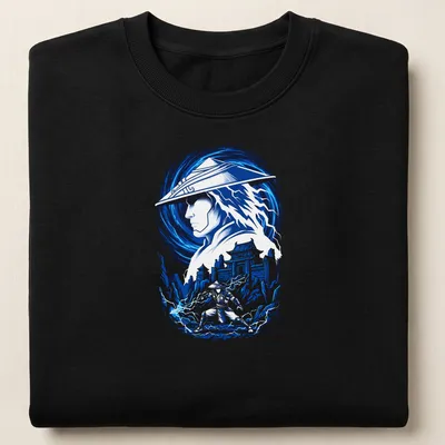 Dynamic illustration of Raiden, the Thunder God, surrounded by lightning in blue and white hues. — printed on a unisex sweatshirt