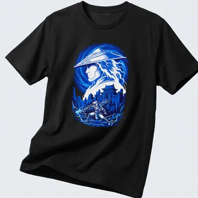 Dynamic illustration of Raiden, the Thunder God, surrounded by lightning in blue and white hues.