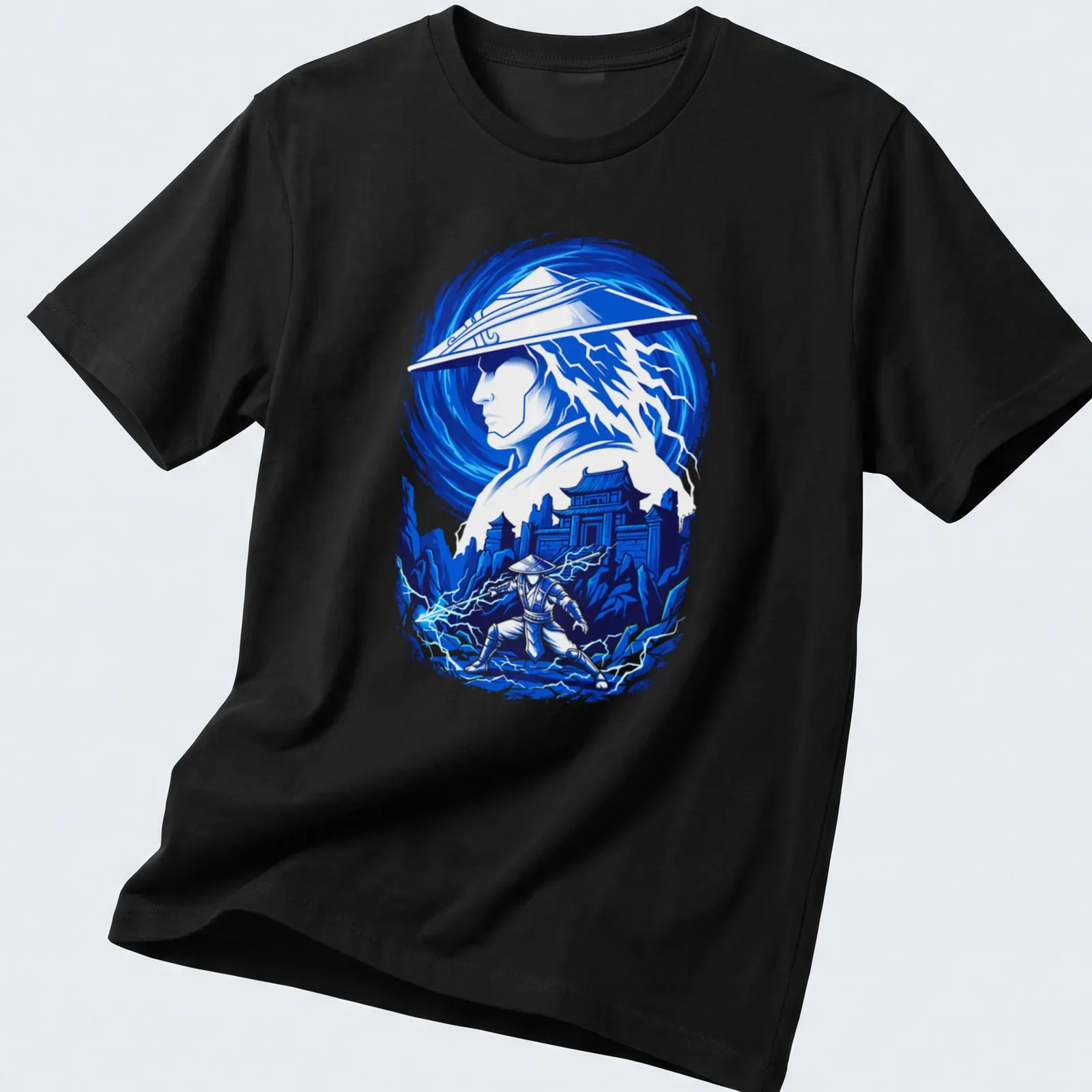 Dynamic illustration of Raiden, the Thunder God, surrounded by lightning in blue and white hues. — printed on a unisex t-shirt