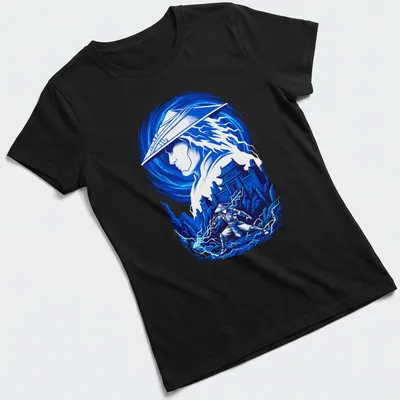 Dynamic illustration of Raiden, the Thunder God, surrounded by lightning in blue and white hues. — printed on a women's shirt