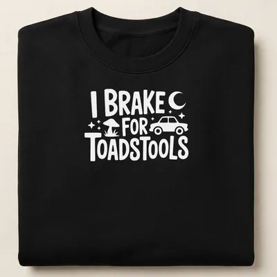 Illustration of red and white toadstools with playful text about braking for them — printed on a unisex sweatshirt