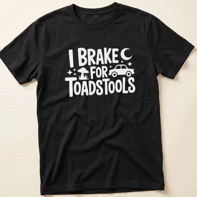 Illustration of red and white toadstools with playful text about braking for them