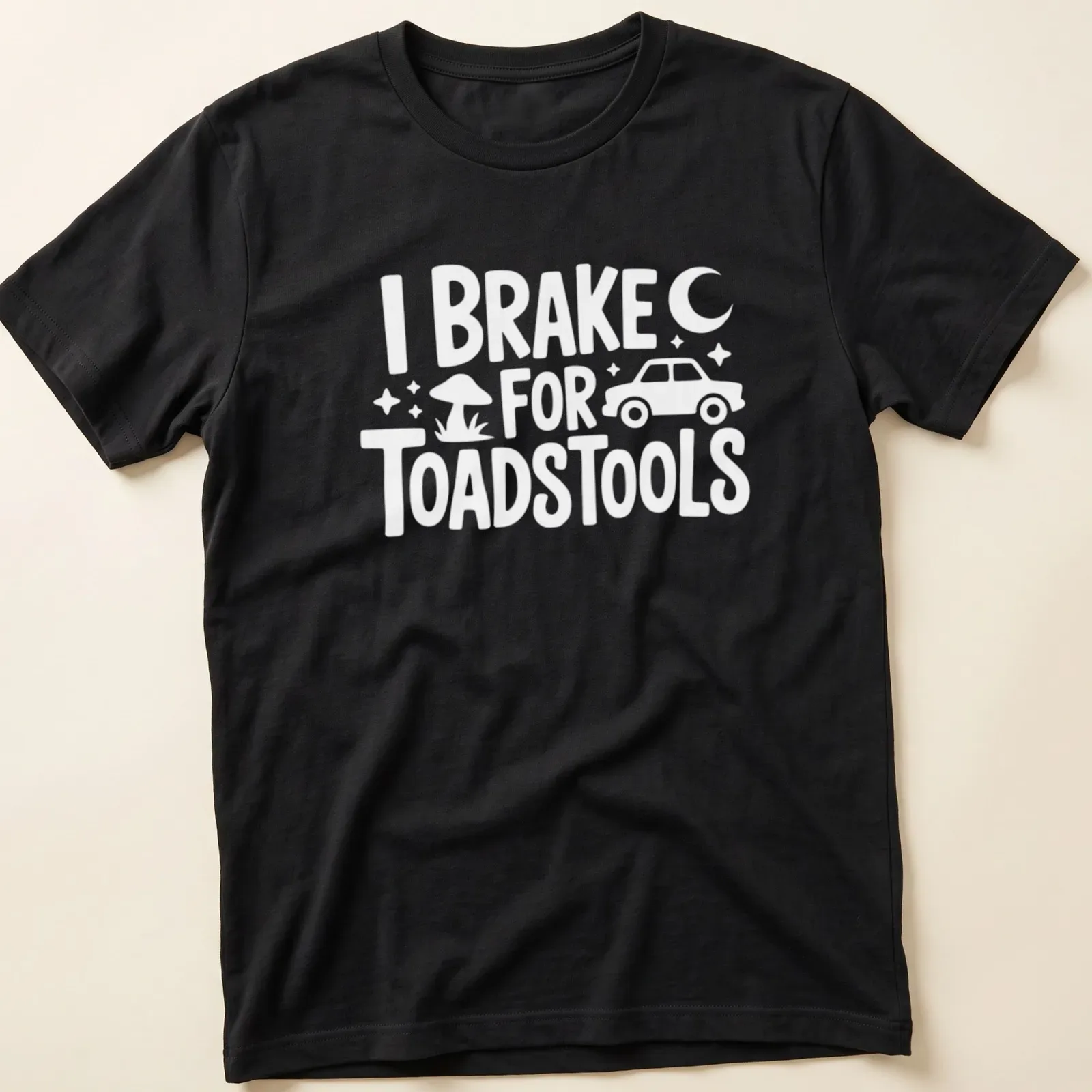 Illustration of red and white toadstools with playful text about braking for them — printed on a unisex t-shirt
