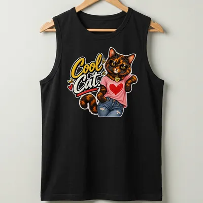 Cartoon tortoiseshell cat with playful expression and text 'Cool Cat.' — printed on a tank top