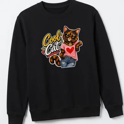 Cartoon tortoiseshell cat with playful expression and text 'Cool Cat.' — printed on a unisex sweatshirt