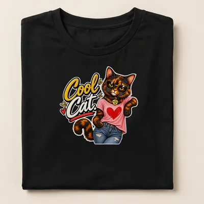 Cartoon tortoiseshell cat with playful expression and text 'Cool Cat.' — printed on a women's shirt