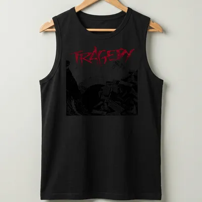 Grunge style shirt featuring the word TRAGEDY over rubble and a figure in black, red, and white. — printed on a tank top