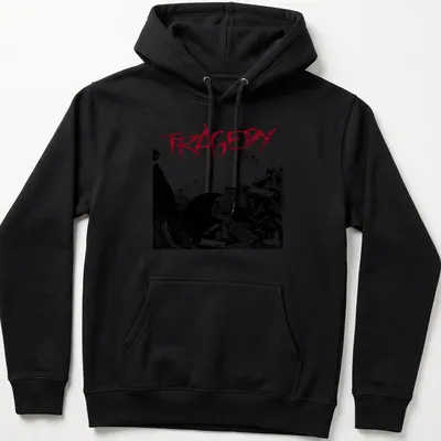 Grunge style shirt featuring the word TRAGEDY over rubble and a figure in black, red, and white. — printed on a unisex hoodie