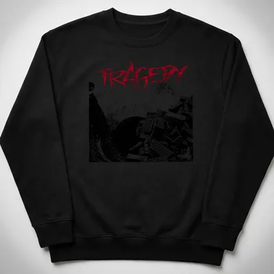 Grunge style shirt featuring the word TRAGEDY over rubble and a figure in black, red, and white. — printed on a unisex sweatshirt