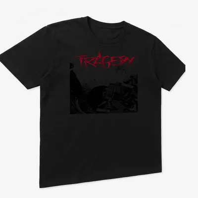 Grunge style shirt featuring the word TRAGEDY over rubble and a figure in black, red, and white. — printed on a unisex t-shirt (angled view)