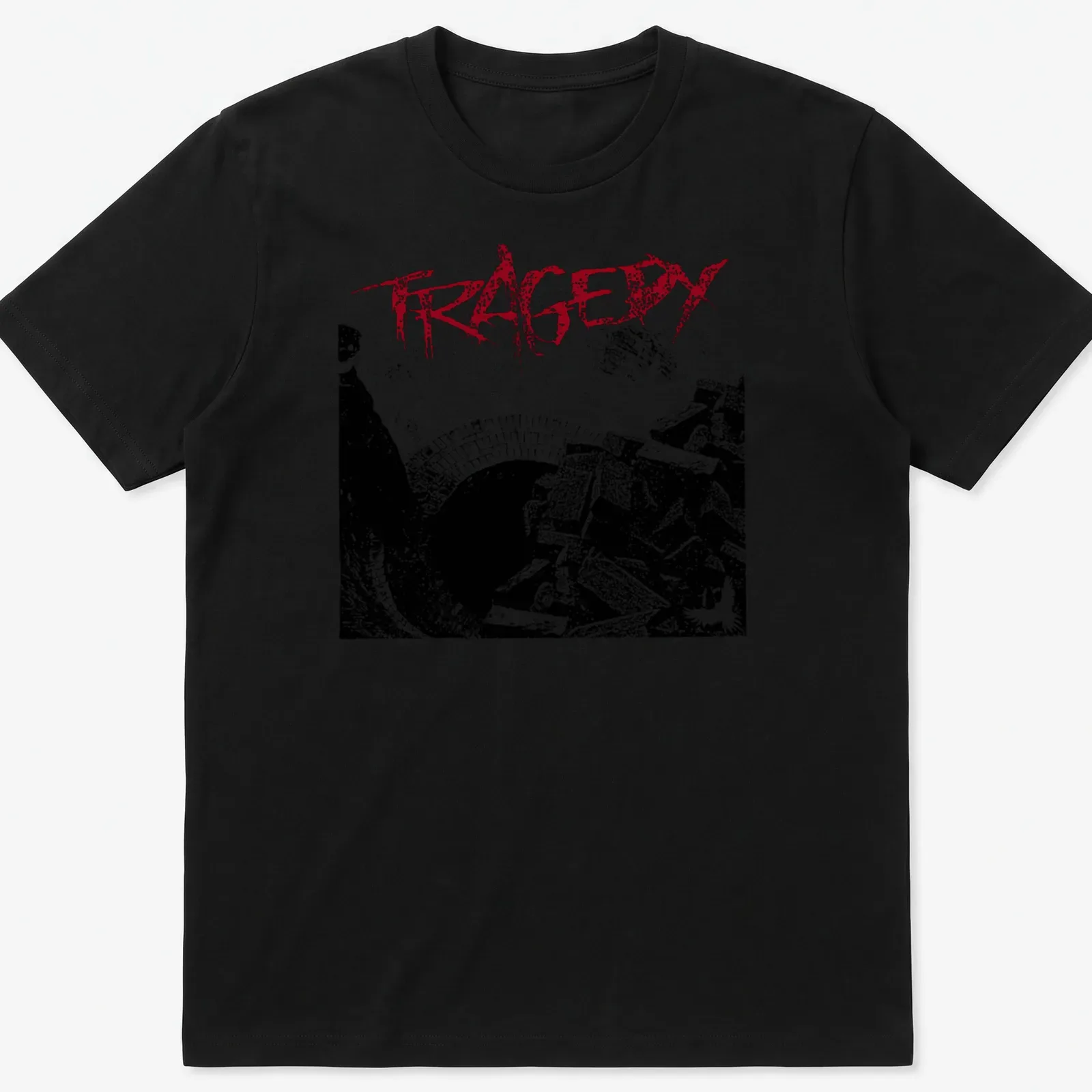 Grunge style shirt featuring the word TRAGEDY over rubble and a figure in black, red, and white. — printed on a unisex t-shirt