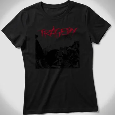 Grunge style shirt featuring the word TRAGEDY over rubble and a figure in black, red, and white. — printed on a women's shirt