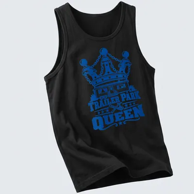 Bold graphic Tee with the text Trailer Park Queen above a cartoon trailer park and crown — printed on a tank top