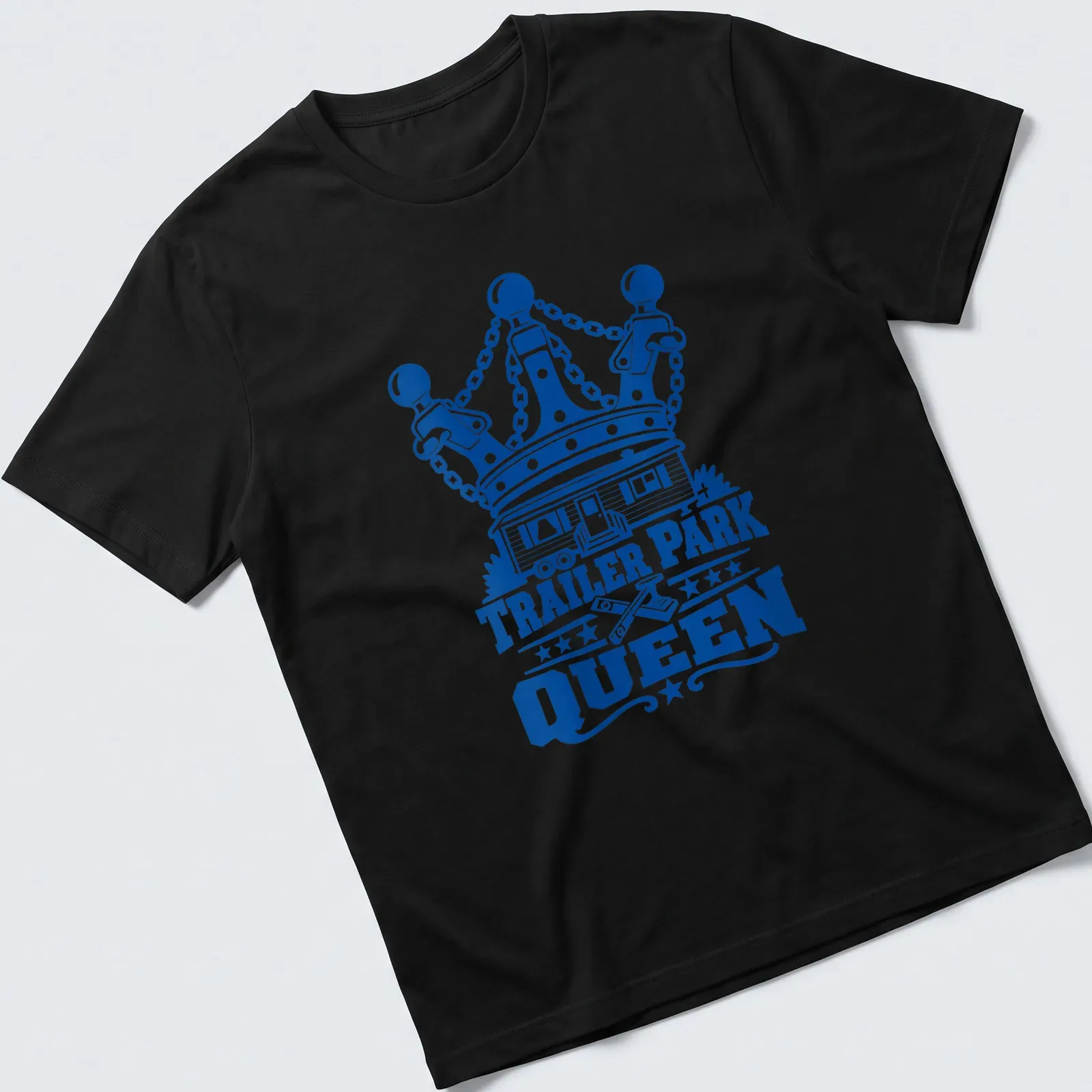 Bold graphic Tee with the text Trailer Park Queen above a cartoon trailer park and crown — printed on a unisex t-shirt