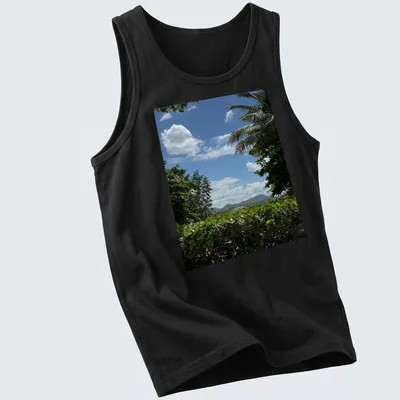 Photographic print of a tropical landscape with the text My Paradise — printed on a tank top