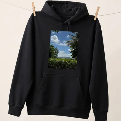 Photographic print of a tropical landscape with the text My Paradise — printed on a unisex hoodie