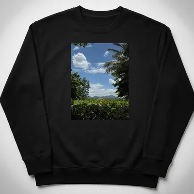 Photographic print of a tropical landscape with the text My Paradise — printed on a unisex sweatshirt