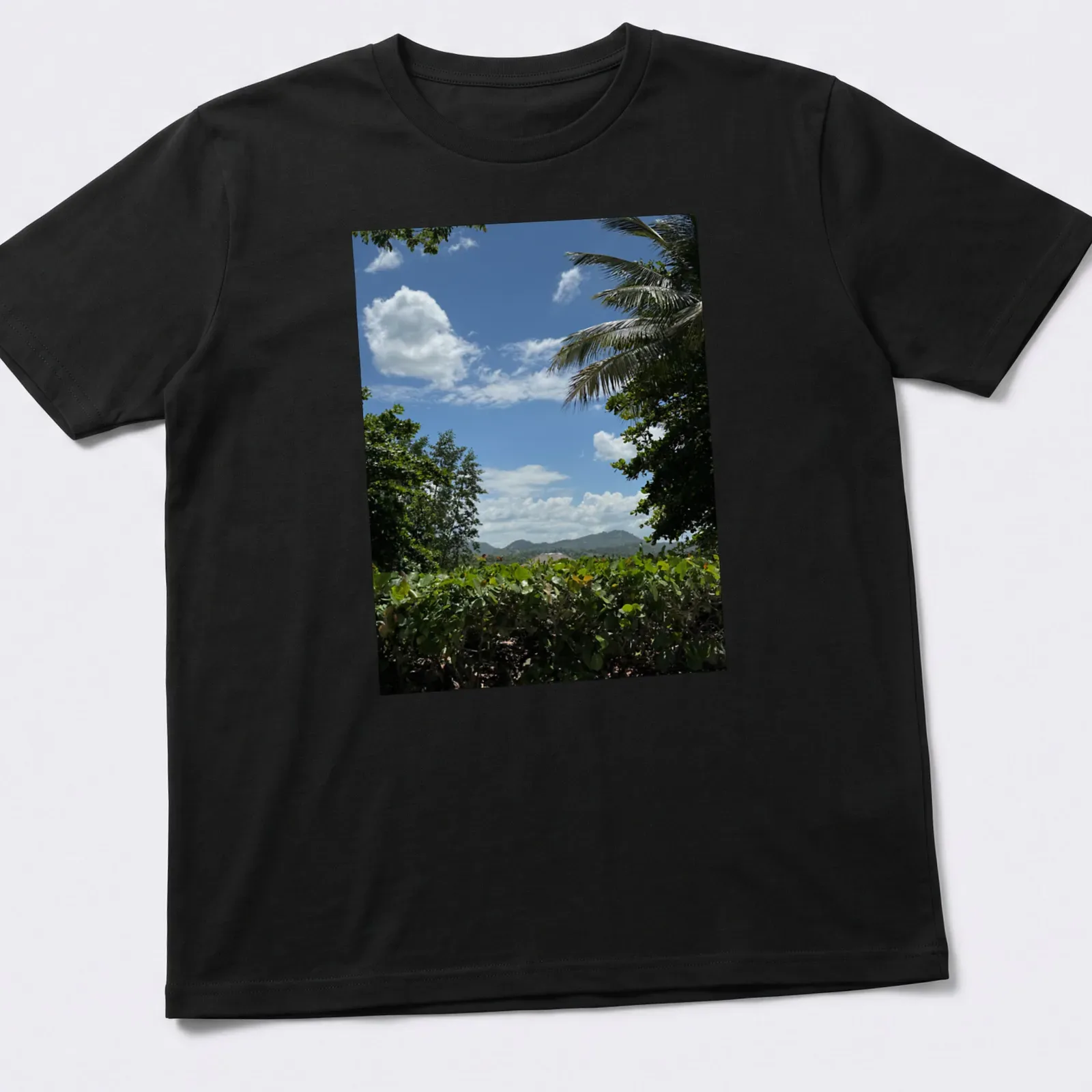 Photographic print of a tropical landscape with the text My Paradise — printed on a unisex t-shirt