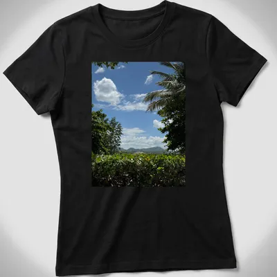 Photographic print of a tropical landscape with the text My Paradise — printed on a women's shirt
