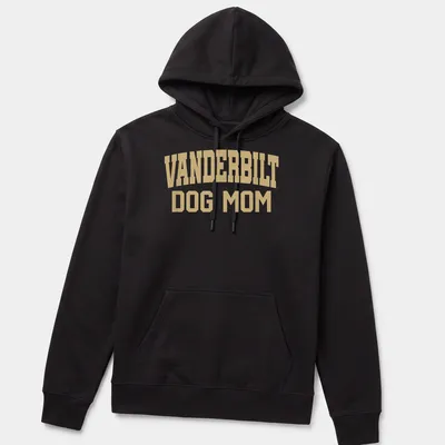 Vanderbilt Dog Mom t-shirt with bold collegiate lettering in gold. — printed on a unisex hoodie