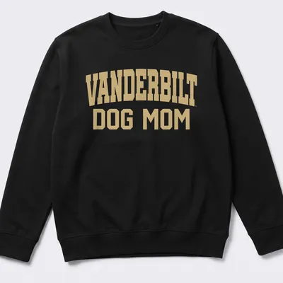 Vanderbilt Dog Mom t-shirt with bold collegiate lettering in gold. — printed on a unisex sweatshirt